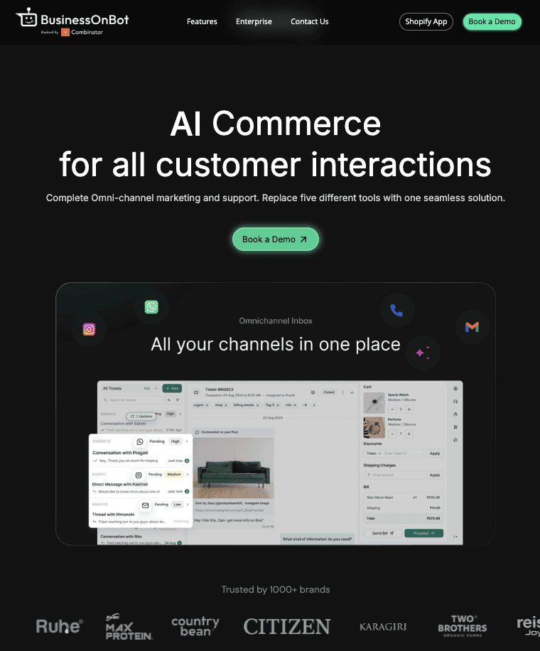 BusinessOnBot product site showing its omnichannel AI commerce inbox